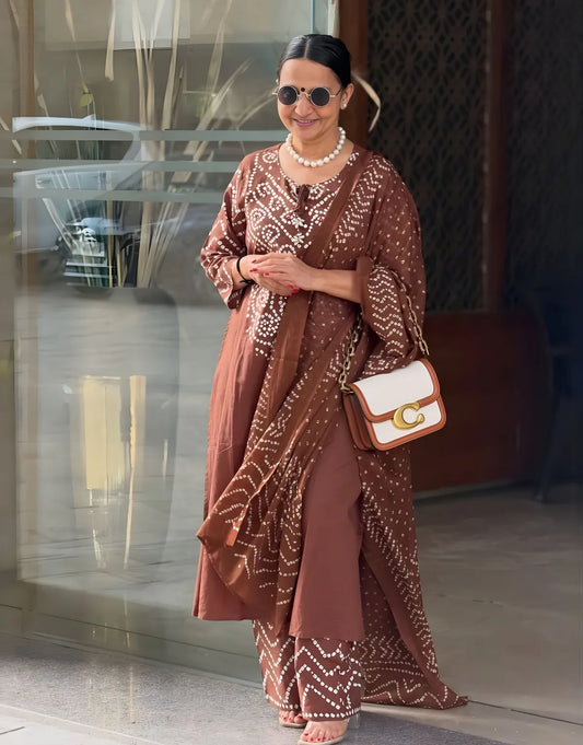 Gangori Bandhej Chocolate Kurta Set