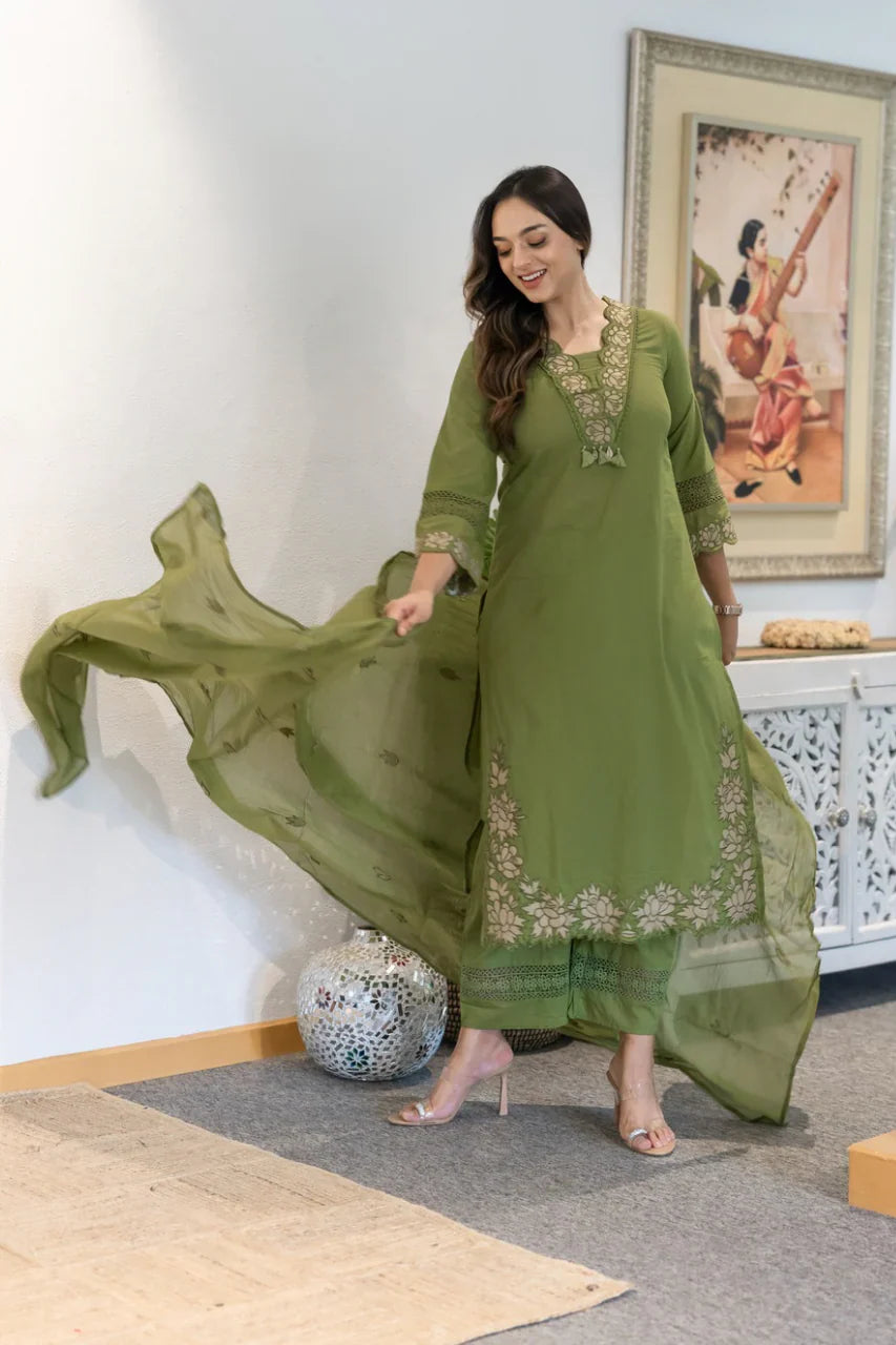Green Gazal Premium Cotton Embroidered Kurta Pant Set