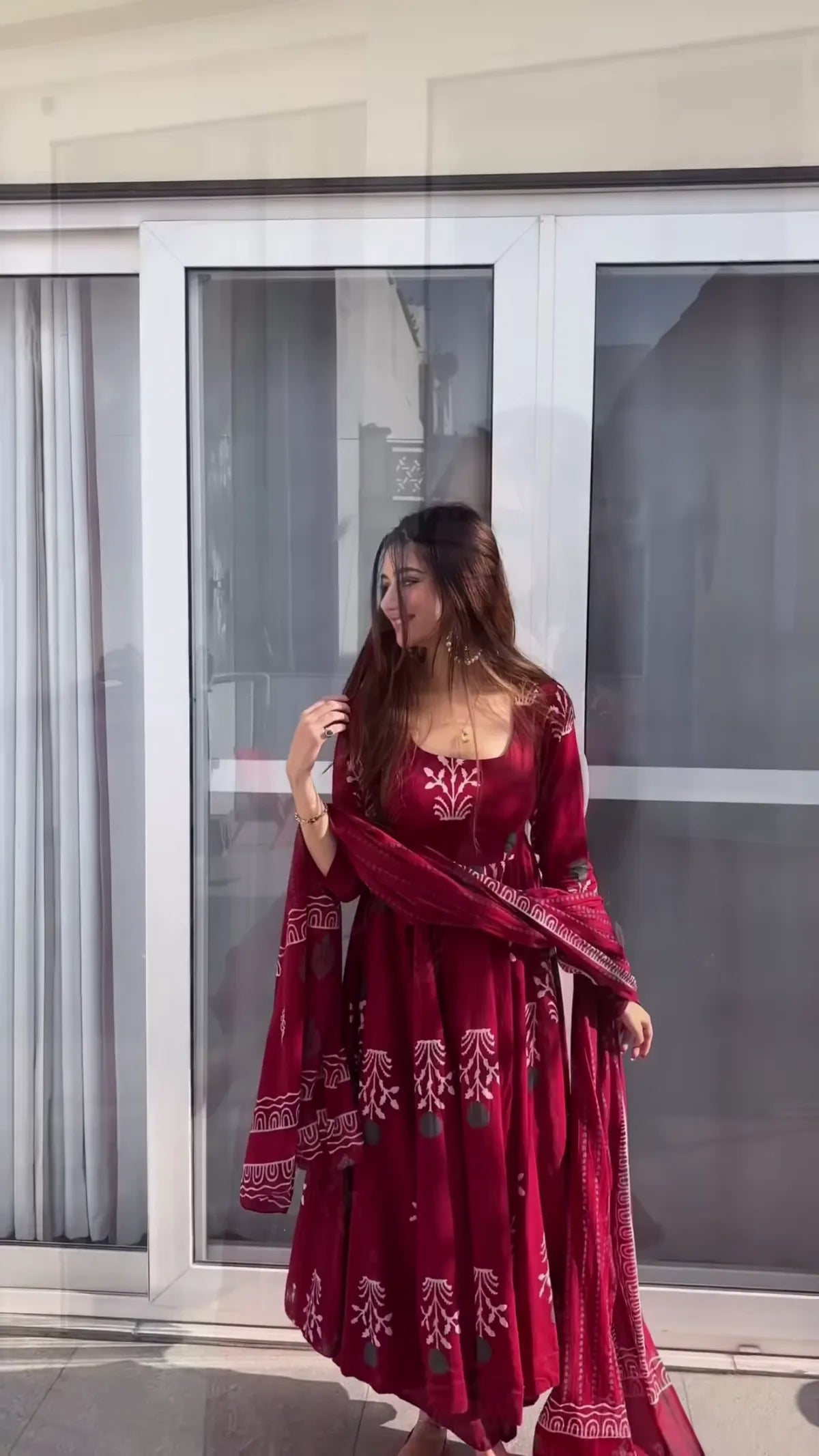 Maroon Handblock Anarkali Set