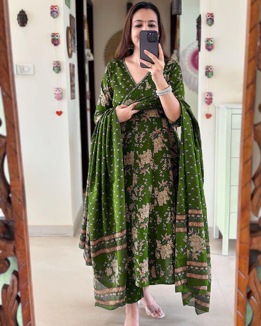 Dark Green Angrakha Style Anarkali Kurta Set with Dupatta