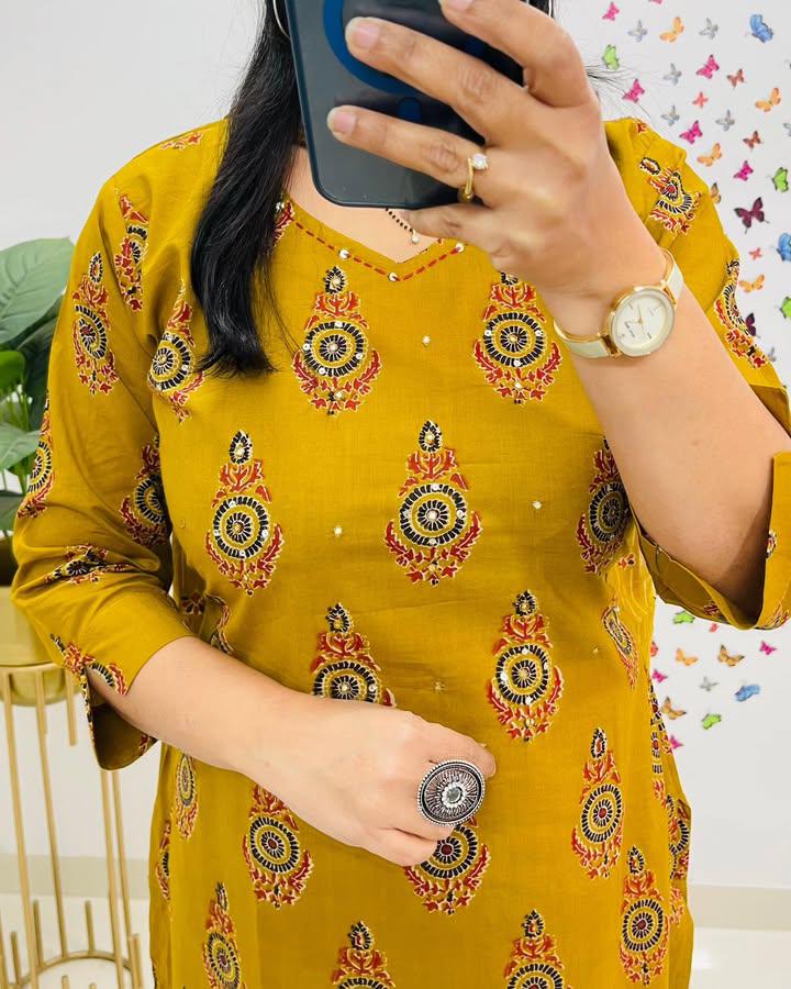 Yellow Kalamkari Fusion Azrak Bagru Print Kurti Pant and Dupatta Set
