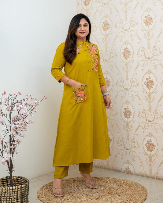 Yellow Round Neck Duet Cotton Kurti Set