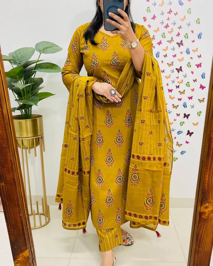 Yellow Kalamkari Fusion Azrak Bagru Print Kurti Pant and Dupatta Set