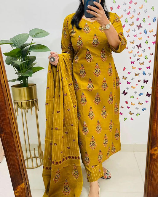 Yellow Kalamkari Azrak Bagru Print Kurta, Pant & Dupatta Set