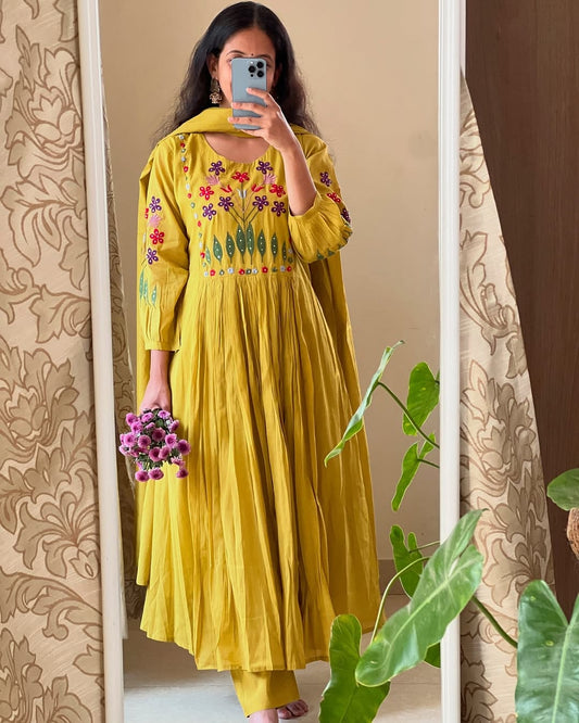 Yellow Embroidery Work Kurta Pant and Dupatta Set