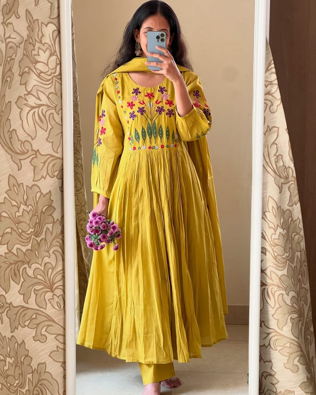 Yellow Embroidery Work Kurta Pant and Dupatta Set