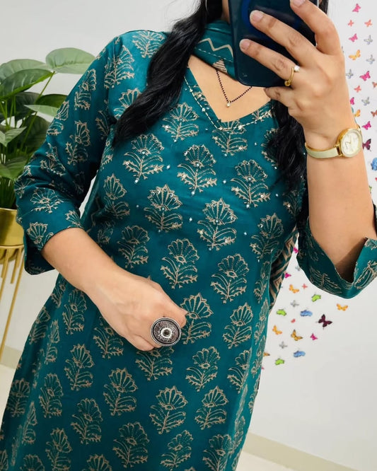 Teal Green Kalamkari Designer Suit with Fusion Azrak Print Kurti Pant Dupatta Set