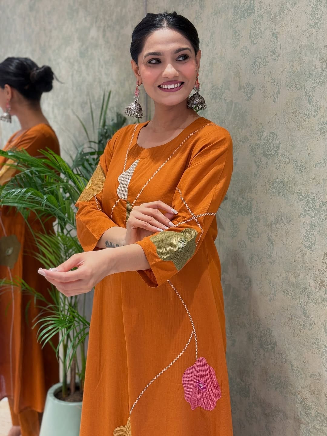 Women Rust Cotton Embroidery Floral Kurta Pant and Mulmul Dupatta set