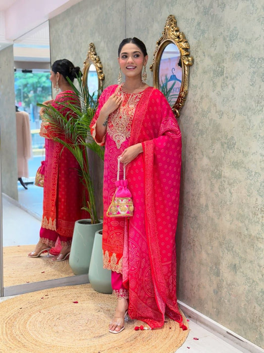 Designer Pink & Orange Bandhani Suit Set with Heavy Neck Embroidery