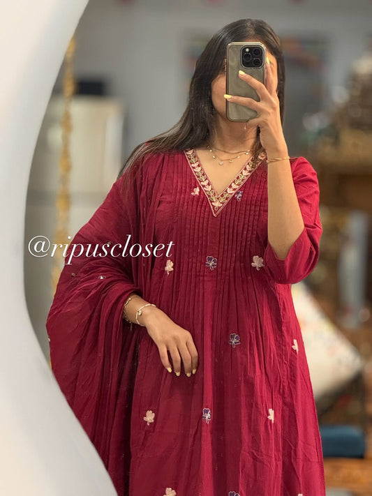 Maroon V-Neck Embroidered 3-Piece Kurta Set