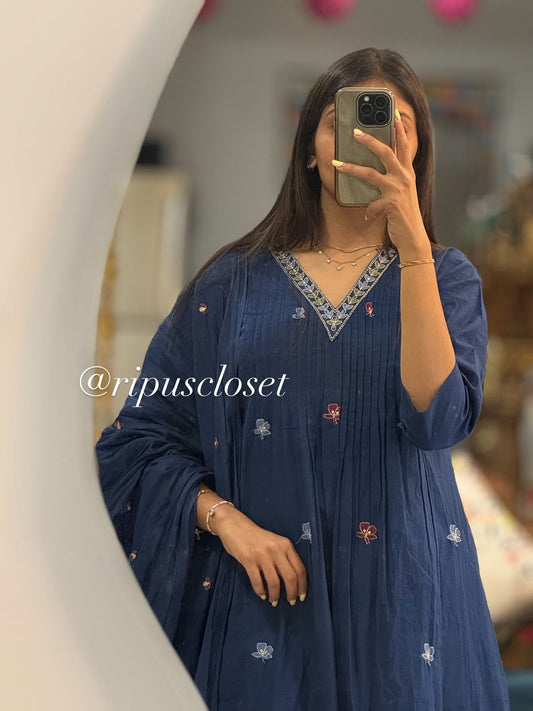 Blue V-Neck Embroidered 3-Piece Kurta Set