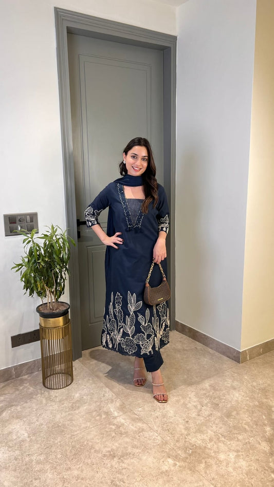 Blue Pure Cotton Suit Set With Heavy Threadwork On The Sleeves and Daman