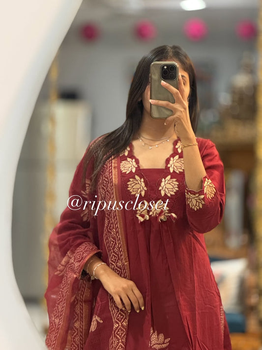 Maroon Elegant Floral Embroidered Kurta Set with Dupatta