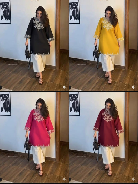 Embroidery Red Cotton Kurta Set with Palazzo Pants