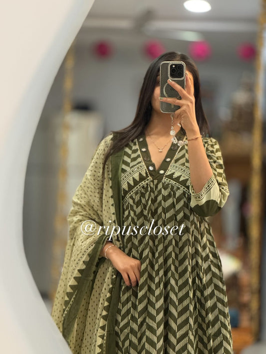 Olive Chevron Anarkali Suit Set