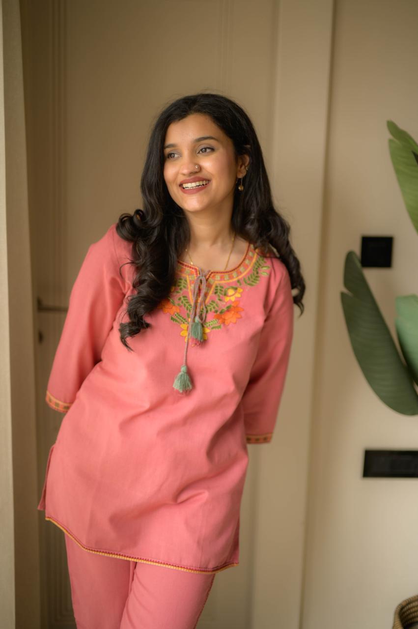 Pink Embroidery Cotton Co Ord Set