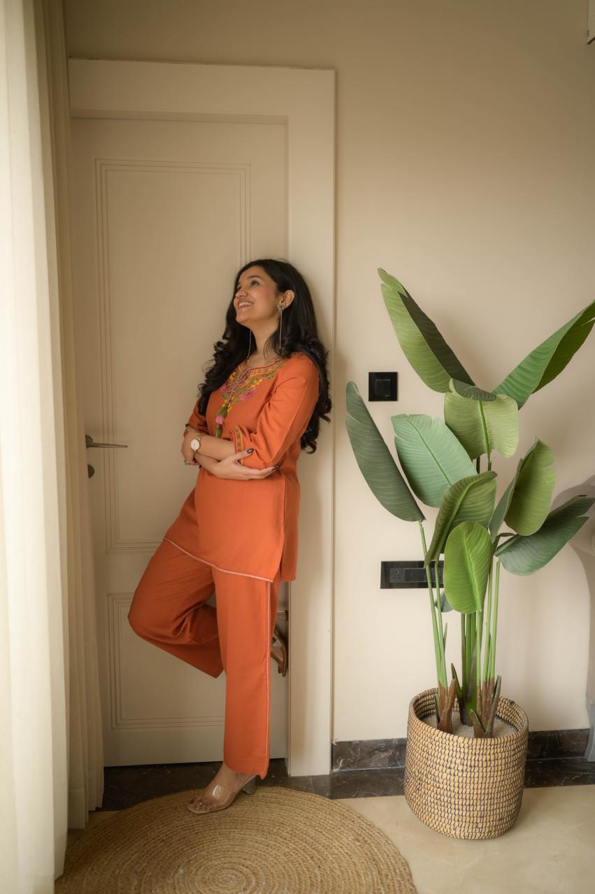 Rust Orange Embroidery Cotton Co Ord Set