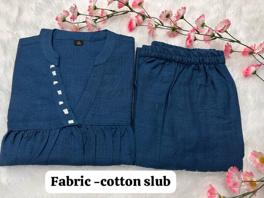 Women’s Blue Cotton Slub Co-ord Set