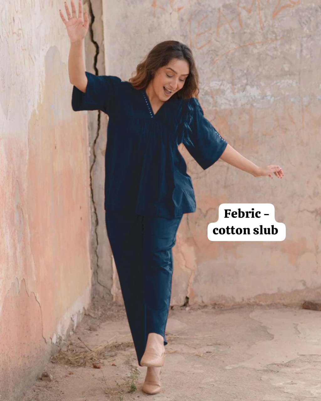 Women’s Blue Cotton Slub Co-ord Set