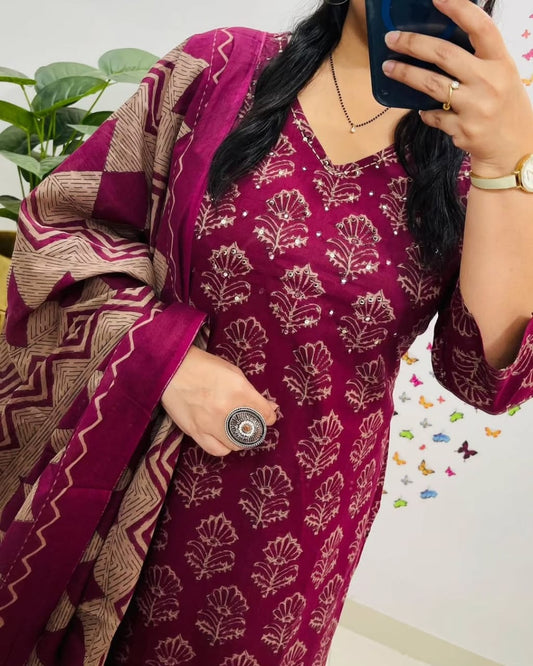 Wine Kalamkari Designer Suit with Fusion Azrak Print Kurti Pant Dupatta Set