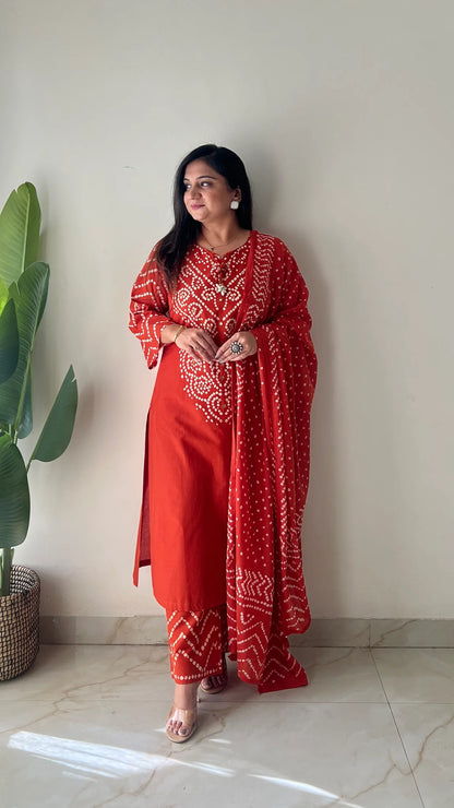 Women’s Bandhani Print Cotton Kurti Palazzo & Dupatta Set - Orange