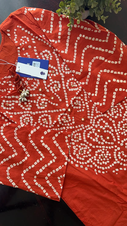Women’s Bandhani Print Cotton Kurti Palazzo & Dupatta Set - Orange