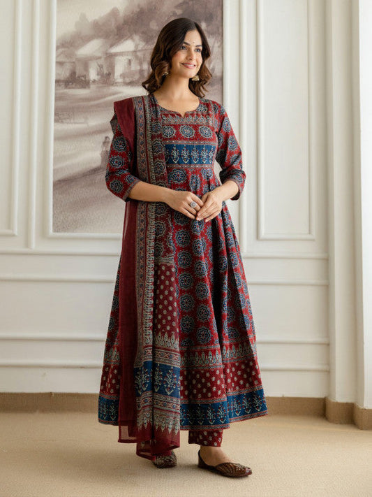 Maroon Printed Round Neck Tiered Pure Cotton Anarkali Kurta With Trousers & Dupatta