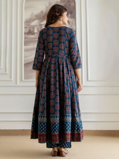 Blue Floral Printed Sequinned Pure Cotton A-Line Kurta With Palazzos & Dupatta