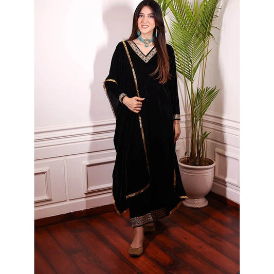 Black A-Line Velvet Kurta & Palazzo With Dupatta Suit