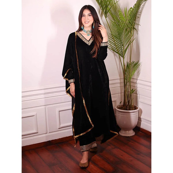 Black A-Line Velvet Kurta & Palazzo With Dupatta Suit