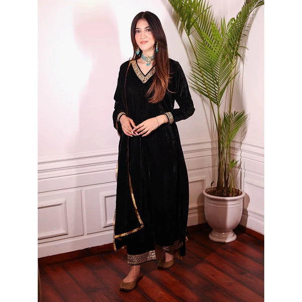 Black A-Line Velvet Kurta & Palazzo With Dupatta Suit