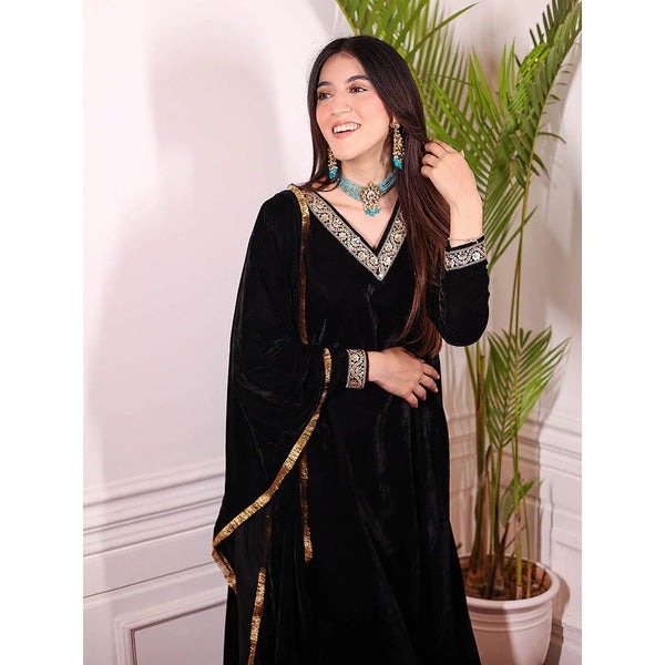 Black A-Line Velvet Kurta & Palazzo With Dupatta Suit