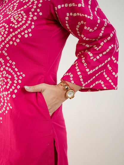 Women’s Bandhani Print Cotton Kurti Palazzo & Dupatta Set – Pink