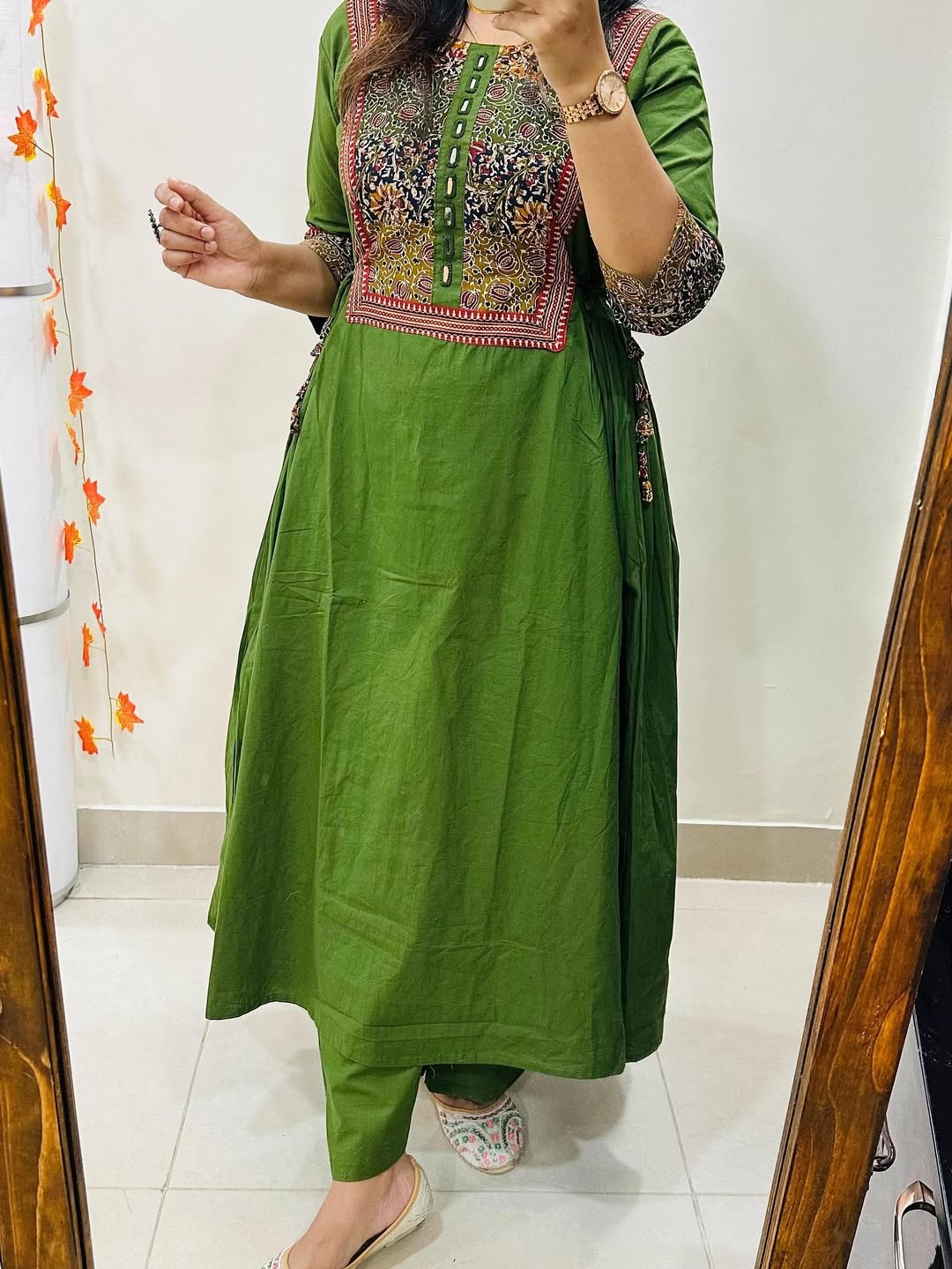 Women’s Olive Green Cotton Anarkali Kurta Pant Set with Embroidered Yoke