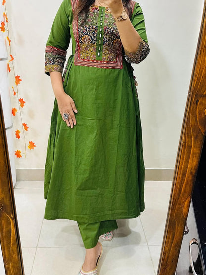 Women’s Olive Green Cotton Anarkali Kurta Pant Set with Embroidered Yoke