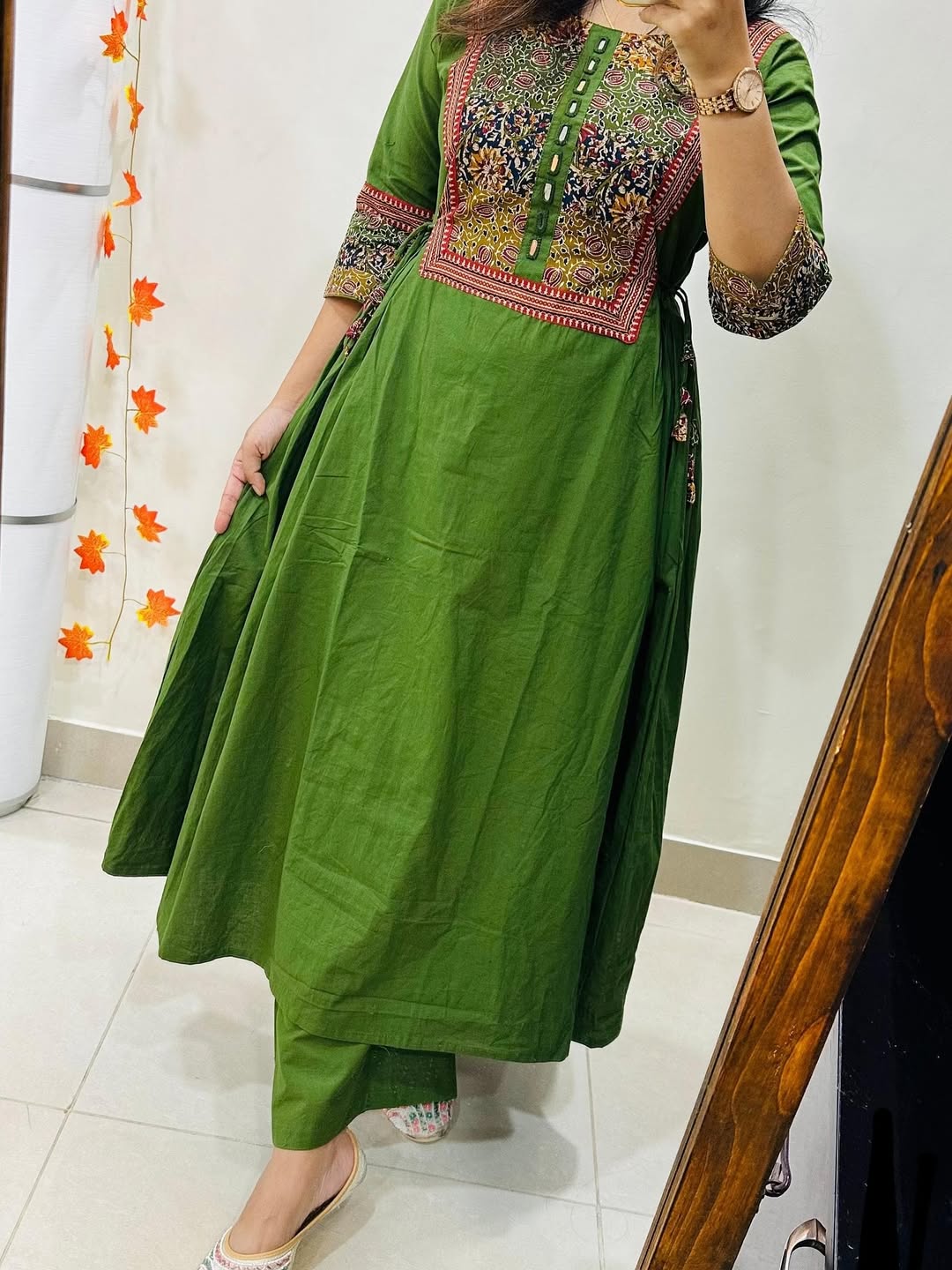 Women’s Olive Green Cotton Anarkali Kurta Pant Set with Embroidered Yoke