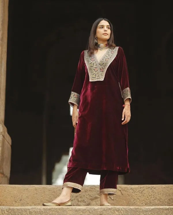 Fancy Maroon Velvet Suit Set