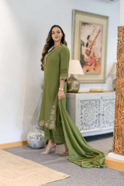 Green Gazal Premium Cotton Embroidered Kurta Pant Set