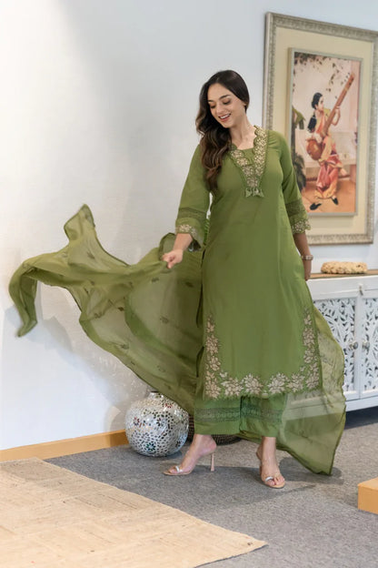 Green Gazal Premium Cotton Embroidered Kurta Pant Set