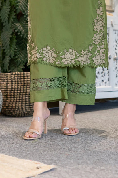 Green Gazal Premium Cotton Embroidered Kurta Pant Set