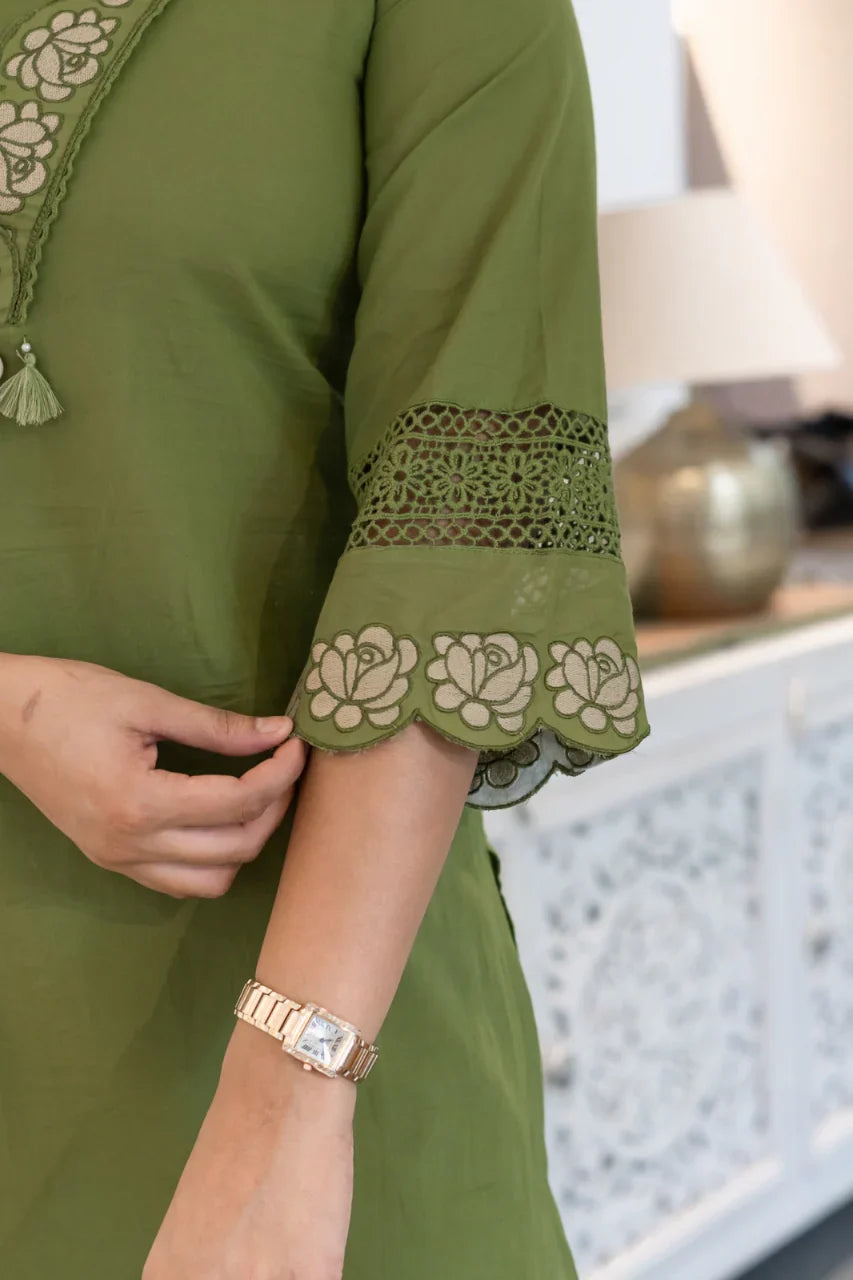 Green Gazal Premium Cotton Embroidered Kurta Pant Set