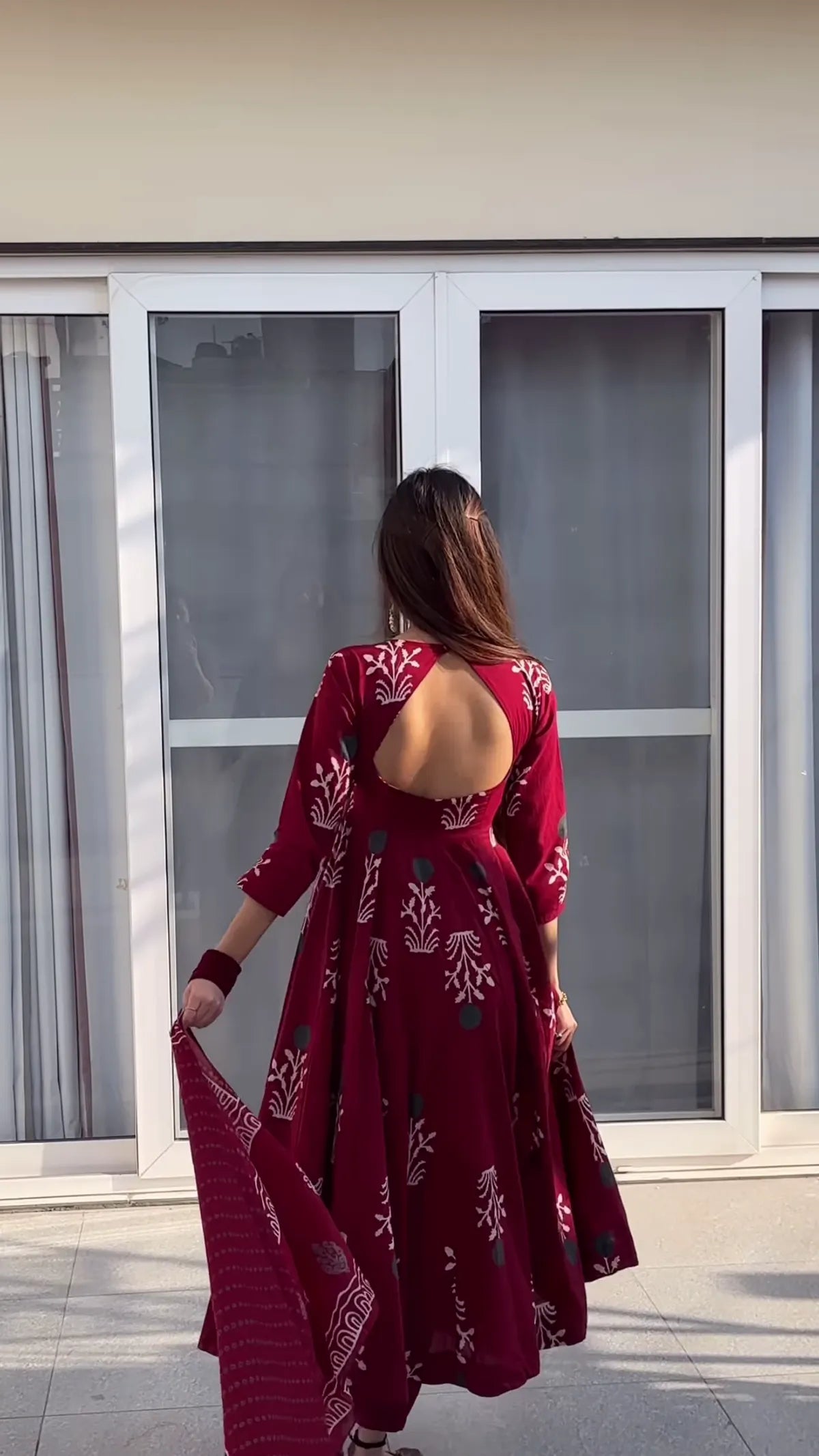 Maroon Handblock Anarkali Set