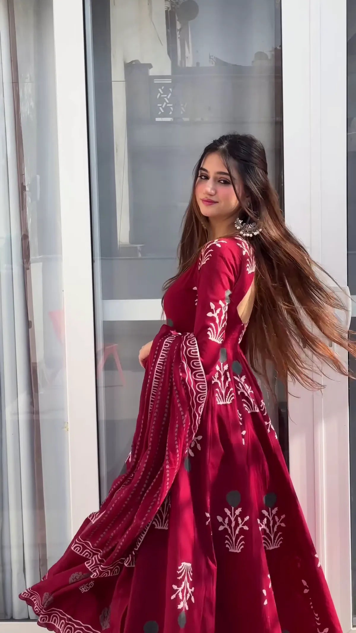 Maroon Handblock Anarkali Set