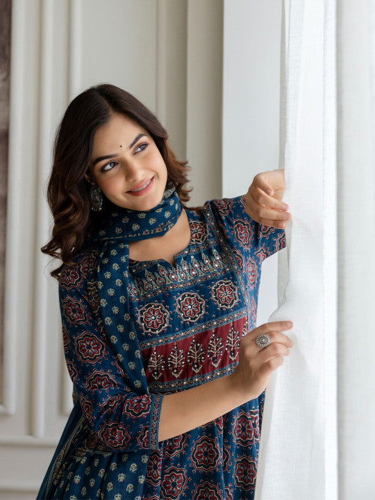 Blue Floral Printed Sequinned Pure Cotton A-Line Kurta With Palazzos & Dupatta