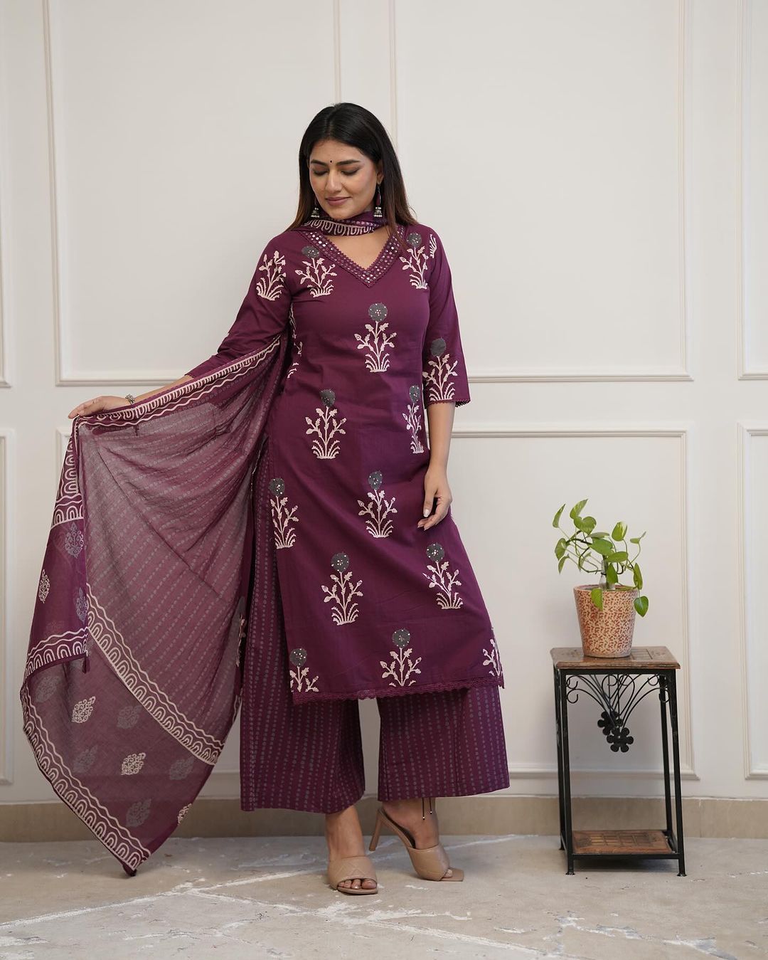 Women Pure Cotton Printed Kurta Palazzo And Dupatta Set