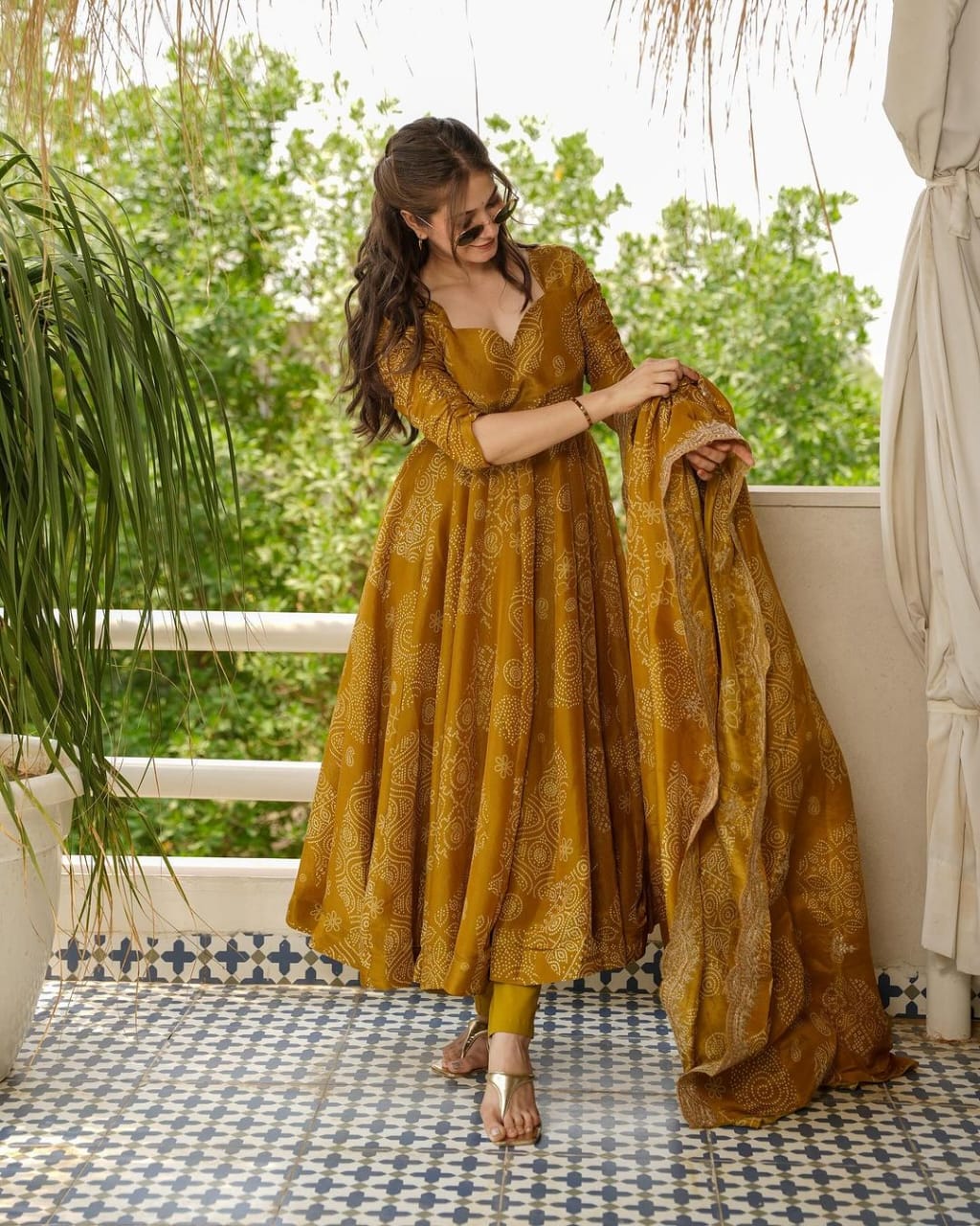 Yellow Cotton Anarkali Set With Intricate Threadwork