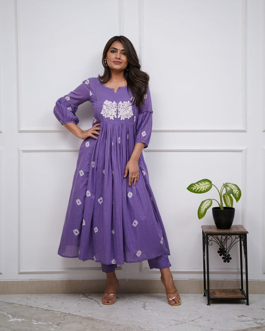 Purple Cotton Flared Women Suit