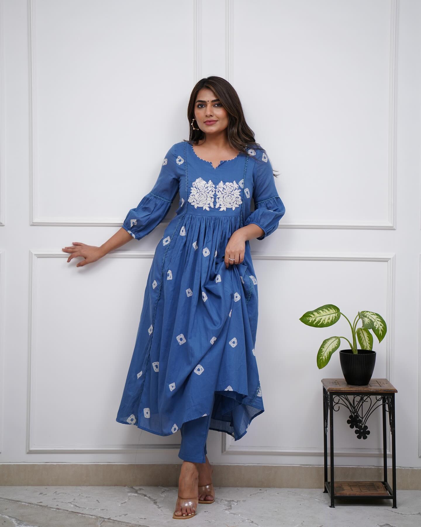 Blue Cotton Flared Women Suit