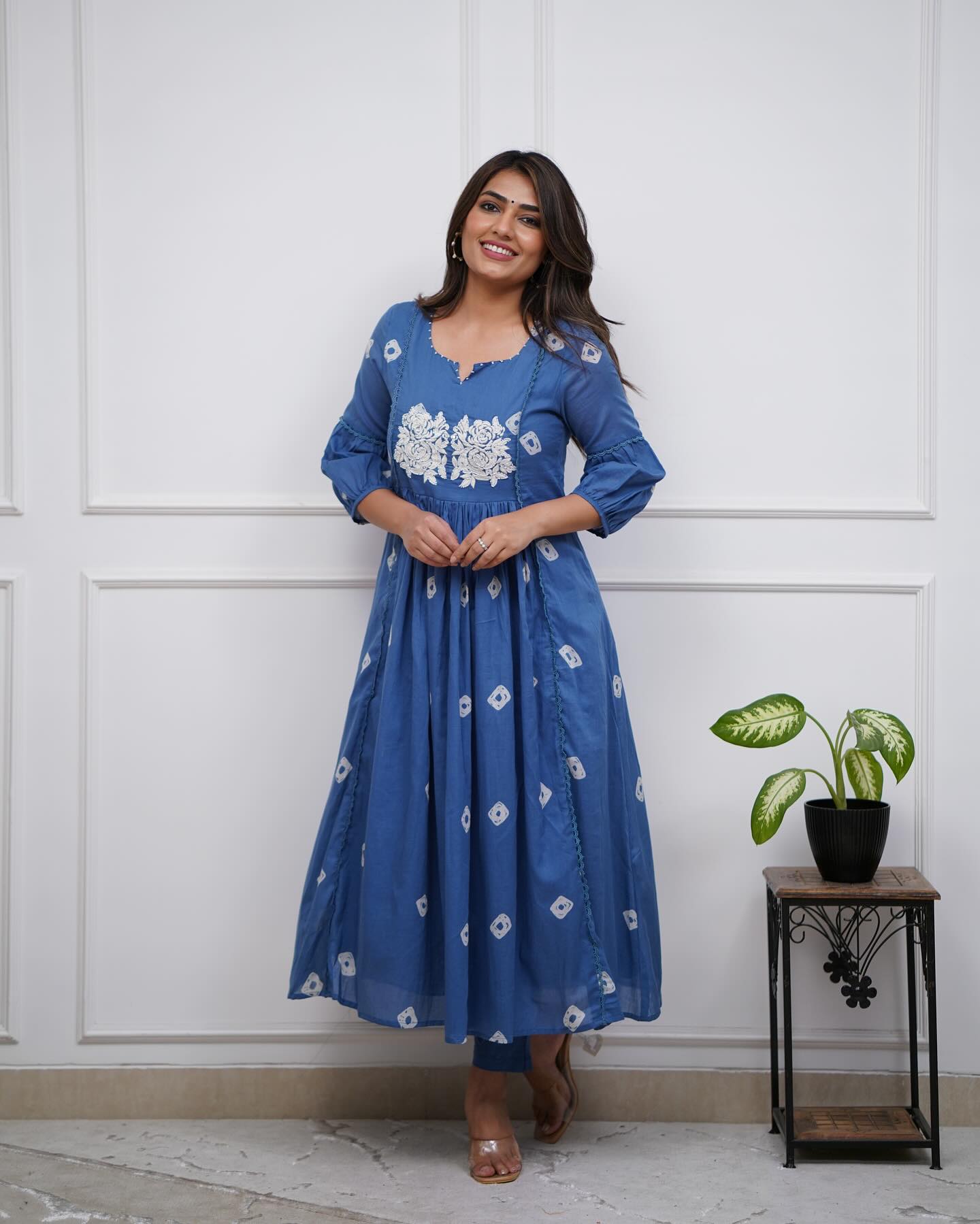 Blue Cotton Flared Women Suit