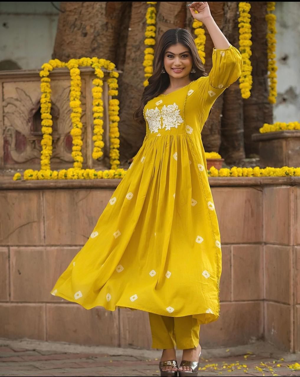 Yellow Cotton Flared Women Suit